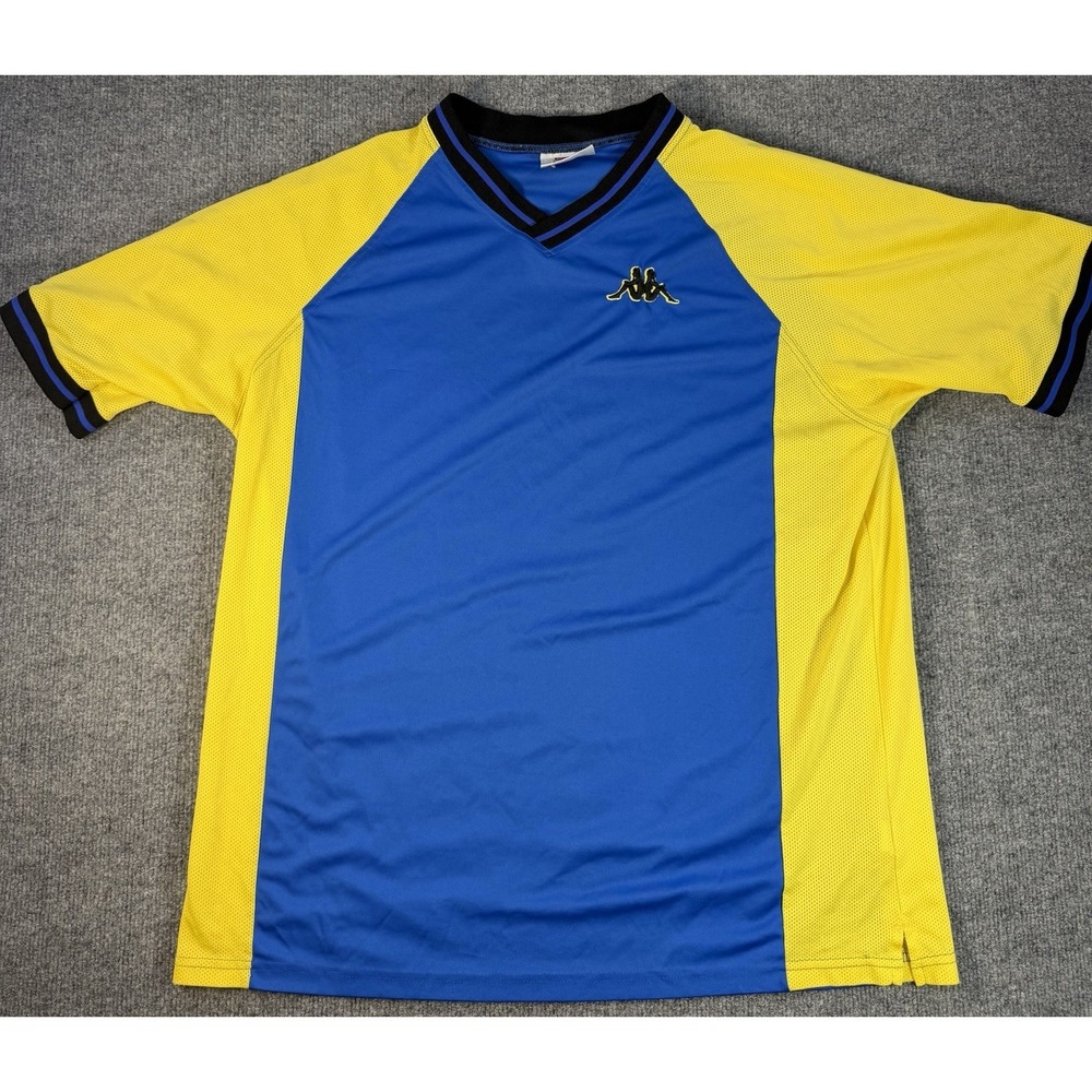 Vintage 90s Kappa Athletic Jersey Soccer Shirt Blue Yellow Logo Embroidered 2XL